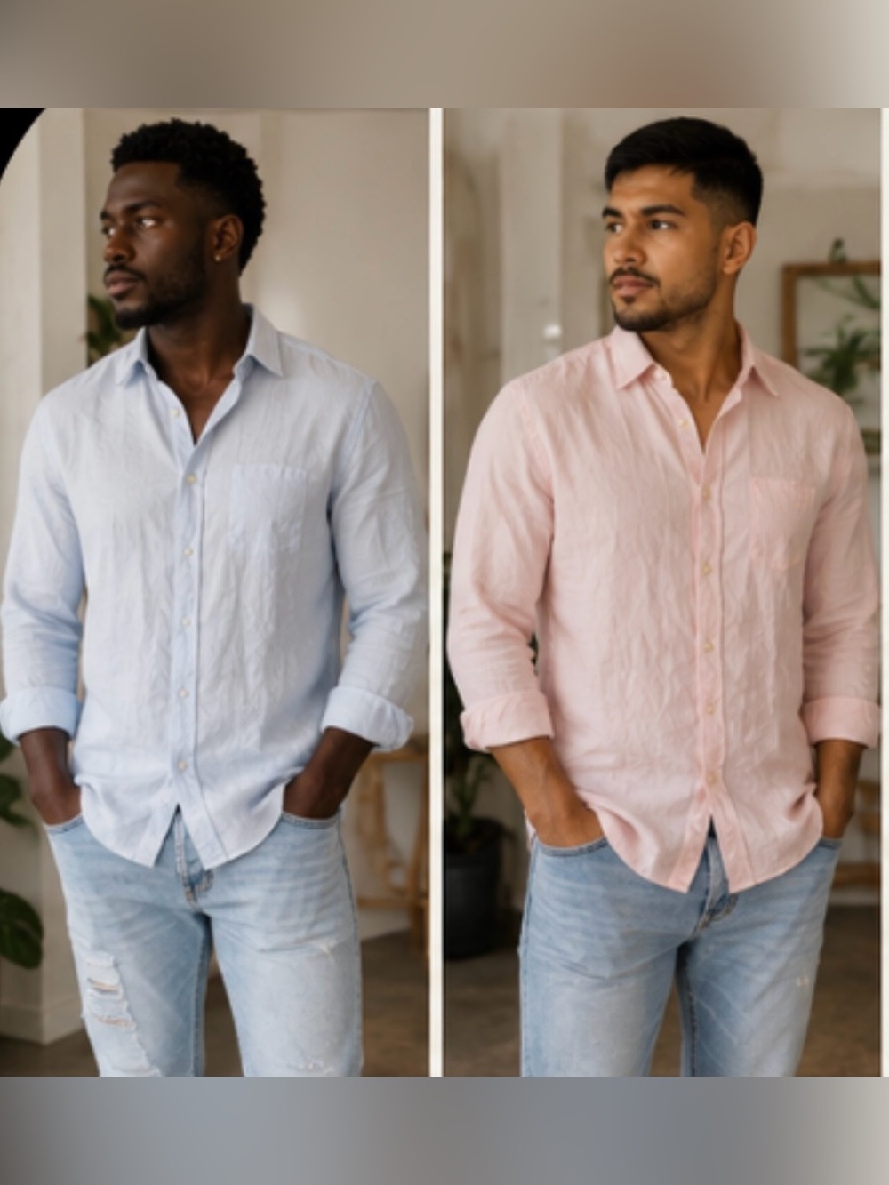 Two men’s shirts: one light blue and one light pink.